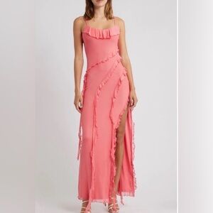 NWT- Princess Polly High Slit Ruffle Dress, Coral, size 8